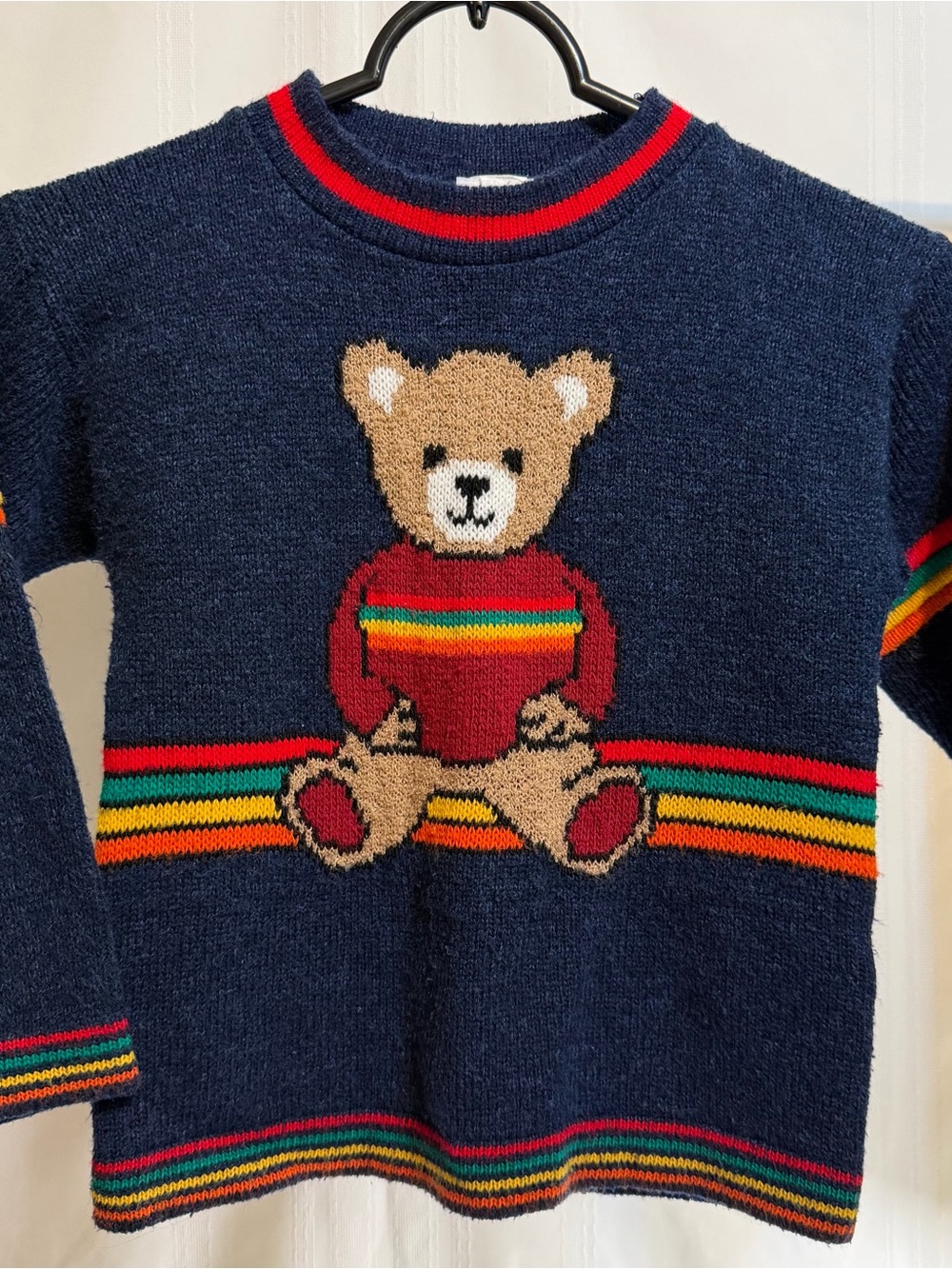 6T Blue Rainbow Bear Knit Sweater Red Green Yellow Orange Striped Sleeve & Belly